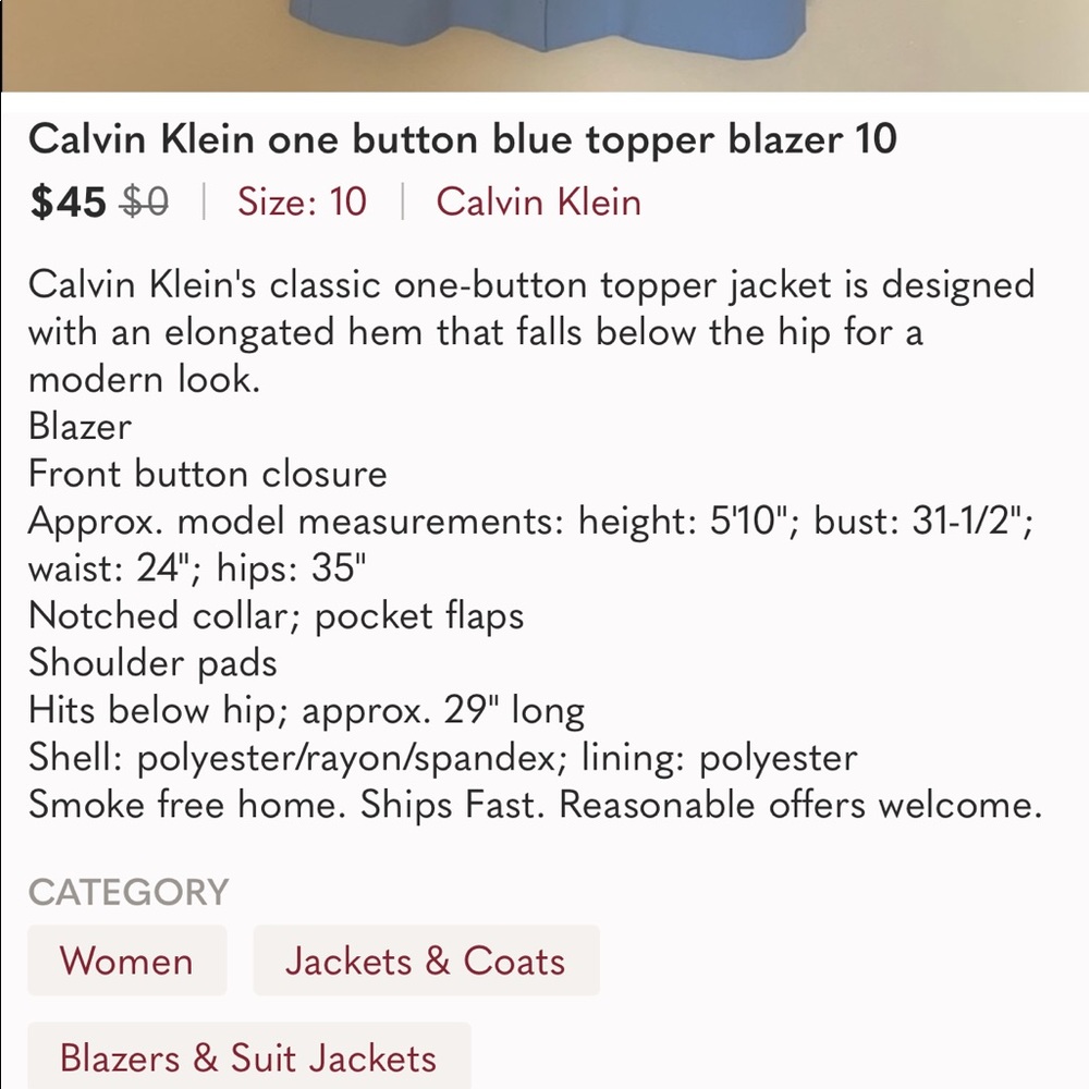 Calvin Klein one button blue topper blazer 10 - Picture 3 of 4